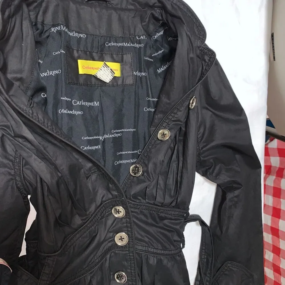 WOMEN'S Catherine Malandrino y2k black cotton and silk Trench coat pleatedSIZE P - Picture 6 of 10